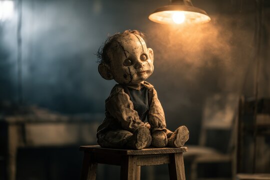 Creepy ventriloquist doll perched on a wooden stool in dim moody lighting