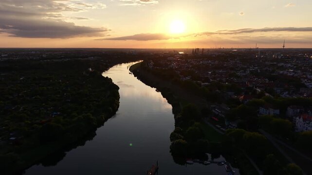 Aerial Panorama of Weser River at Sunset in Bremen, Germany