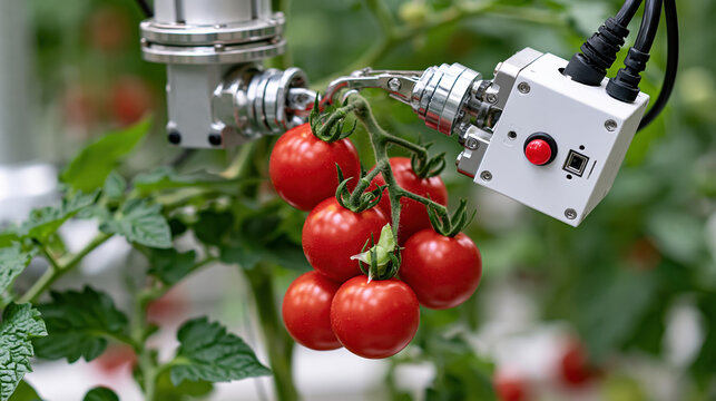 Robotic harvesting system picking ripe red tomato cluster in greenhouse with green leaves and advanced agricultural technology