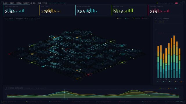 Explore the detailed digital twin of smart city infrastructure featuring an isometric city grid with vibrant pulse indicators and data visualizations on a dark dashboard.