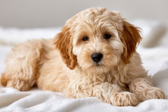Cute mini goldendoodle puppy portrait with gentle studio lighting and cozy mood