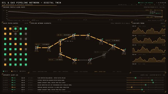 Visual representation of an oil and gas pipeline network digital twin featuring flow monitoring and integrity dashboard with detailed metrics and color-coded indicators.