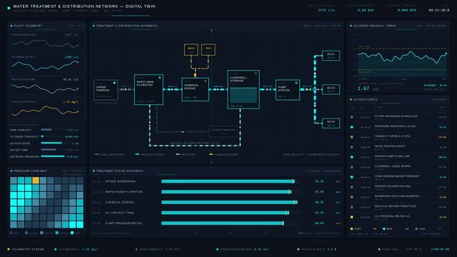 Explore a digital twin of a water treatment and distribution network at a utilities operations center, showcasing clean geometric layouts and animated flow dynamics in a cool blue-black palette.