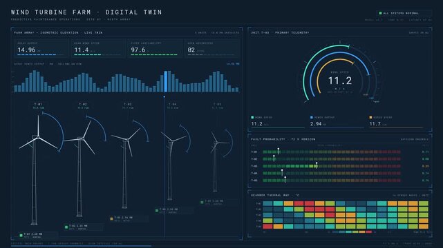 A detailed predictive maintenance dashboard for a wind turbine farm digital twin, showcasing real-time data visualizations in a cool industrial style.