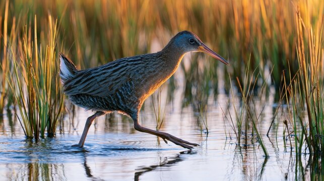 Dawn marsh scene: a rail bird navigating shallow water and mirrored reflections
