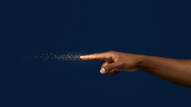 Hand reaching out to sprinkle magic dust against dark blue background  