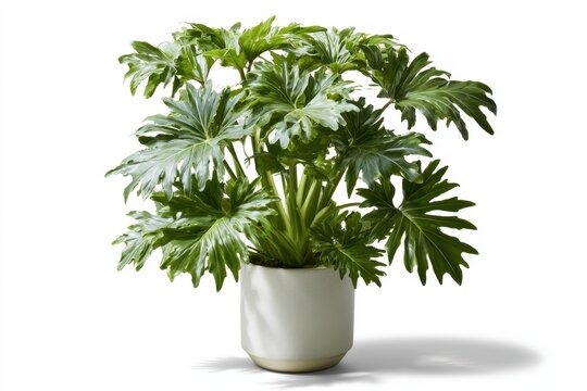Decorative indoor plant: philodendron selloum in planter against white background, fresh and natural