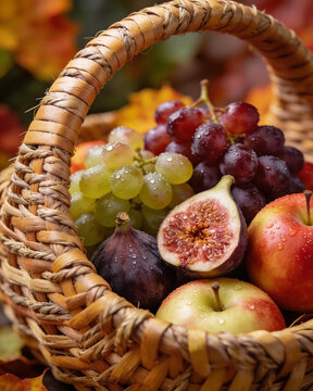 Detailed close-up of sliced fresh figs, juicy grapes, and apples with water droplets in a woven basket. Thanksgiving autumn harvest produce concept.