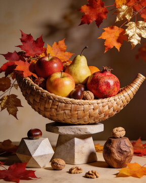 Elegant still life of a cornucopia filled with apples, pear, and pomegranate on stone pedestals with gold maple leaves. Artistic Thanksgiving harvest decor.