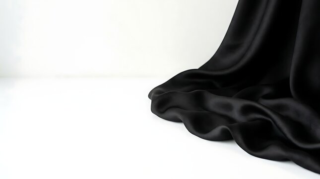 Elegant Black Silk Fabric Draped on White Background, Luxury Smooth Satin Textile with Soft Waves