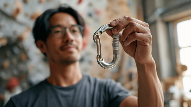 Climbing instructor in a minimalist indoor gym holding a single carabiner up to the light, the metal gate and rope grooves in precise focus, chalk residue and wear marks telling a