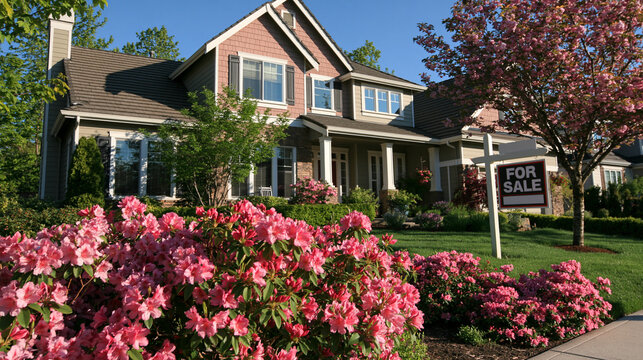 A beautiful suburban house with blooming azaleas for sale. Perfect for real estate marketing and home ownership.