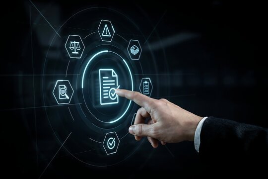 Finger points to a digital document icon within a holographic interface displaying legal and compliance symbols.