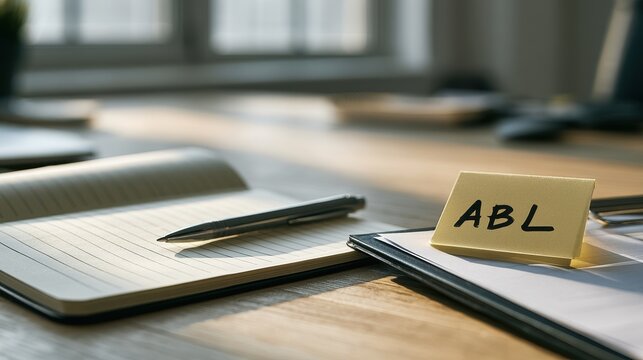 Desk setup for asset based lending featuring a notebook, clipboard, and a sticky note labeled ABL