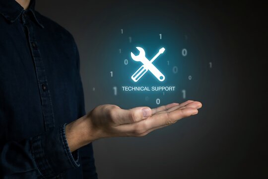 Hand holds out an open palm displaying a glowing icon of a wrench and screwdriver representing technical support services.