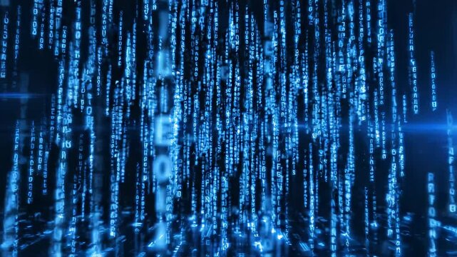 Digital Rain Matrix Code Falling in Neon Blue on Dark Background, Futuristic Technology Animation