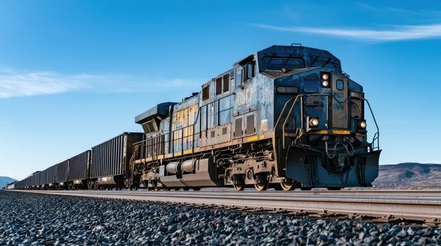 Diesel-electric freight locomotive on a rural United States rail line with long freight cars under a blue sky