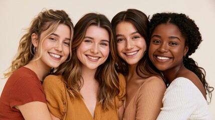 Obraz premium Diverse group of four women embracing in a warm studio portrait, smiling at the camera to celebrate skin tones and self-care