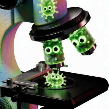 Cute cartoon virus under microscope. Funny green bacteria characters in laboratory research.
