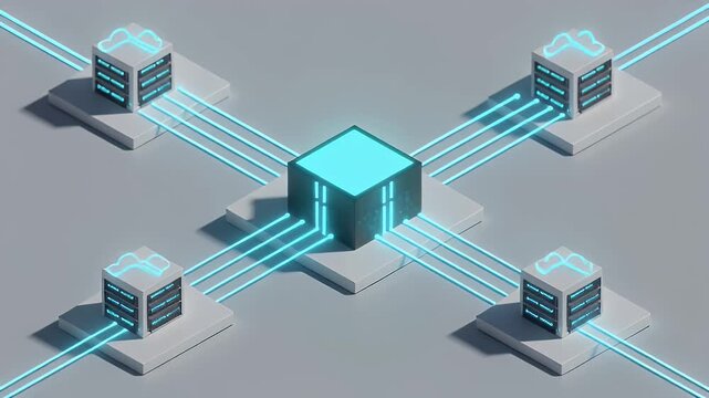 Futuristic Isometric Network Server Cluster with Glowing Blue Data Connection Lines for Cloud Computing Infrastructure