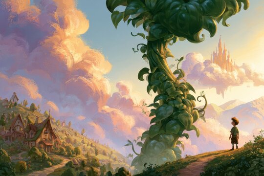 Dreamlike fairy tale scene: hillside cottage, beanstalk ascent, and a glowing castle among clouds