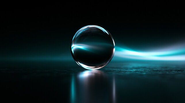 Glass Sphere Reflecting Futuristic Blue Light Wave on Dark Surface