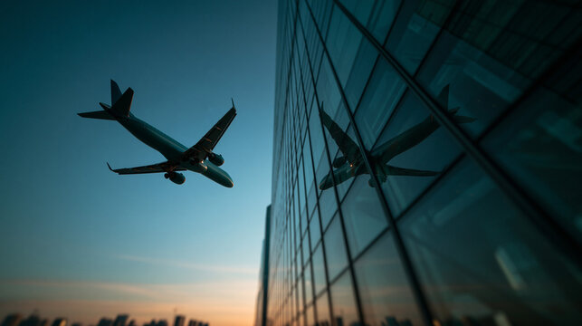 Airplane Flying Past Modern Skyscraper Reflected in Glass Facade