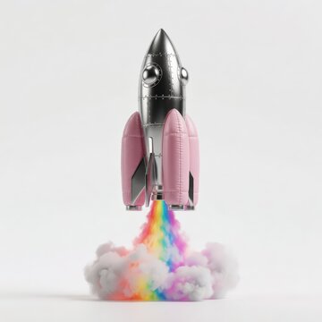 Silver and pink toy rocket launching. Space ship taking off with colorful rainbow smoke.