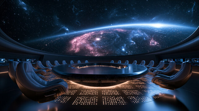 Futuristic Spaceship Boardroom Overlooking Outer Space and Planet
