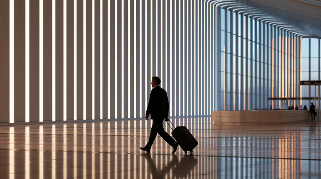 Businessman Walking with Suitcase in Modern Airport Terminal