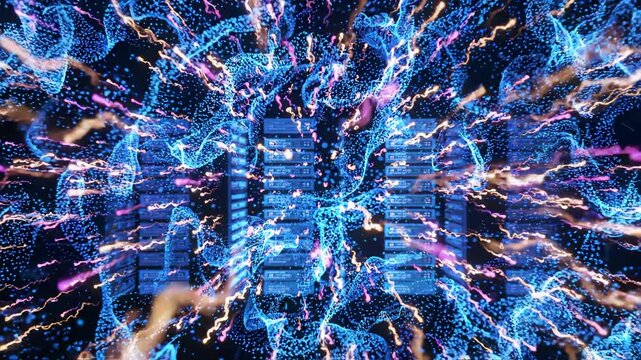 Digital Explosion of Data Particles Surrounding a Server Cluster in Futuristic Cyberpunk Style
