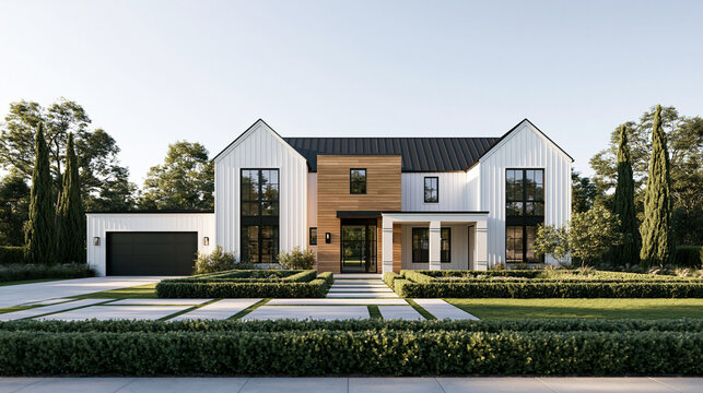 Modern Farmhouse Luxury Home Exterior with Manicured Lawn