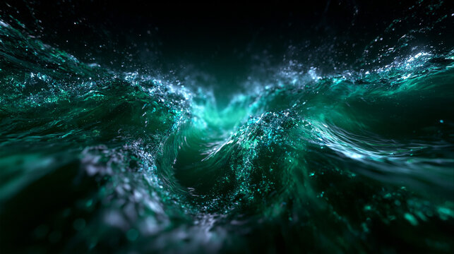 Powerful Green Ocean Wave Splashing with Glowing Water Spray