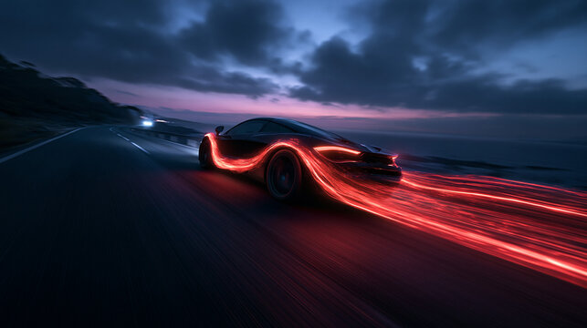 Futuristic Electric Sports Car Speeding Along Coastal Road at Dusk