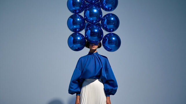 Conceptual Fashion Model in Blue Blouse with Shiny Balloons