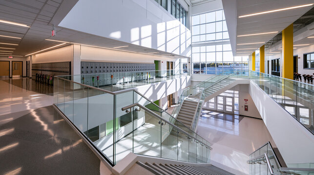Modern High School Interior Atrium with Staircase and Lockers