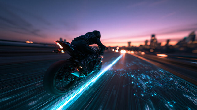 Futuristic Motorcycle Riding on High Speed Digital Highway