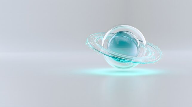 Futuristic crystal planet with inner cyan core and light ring with copy space
