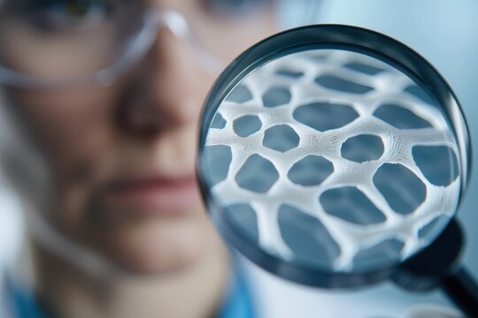 Bioprinted meat structure, highlighting the intricate cellular patterns and 3D-printed protein fibers, with a scientist examining the texture and precision of the material using a magnifying glass.