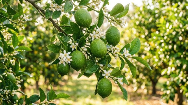  Fresh green lemons ripening on a citrus tree branch with white blossoms in a sun-drenched organic orchard garden.