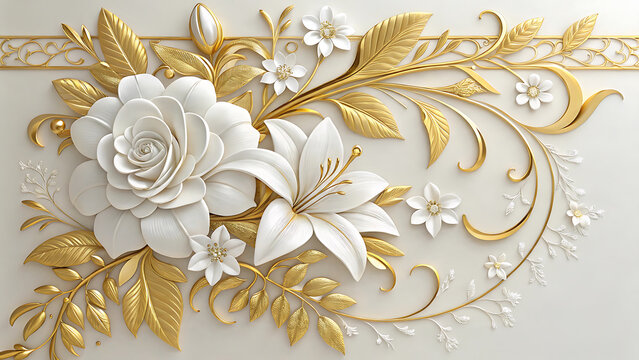 Elegant white rose and lily floral art with gold accents