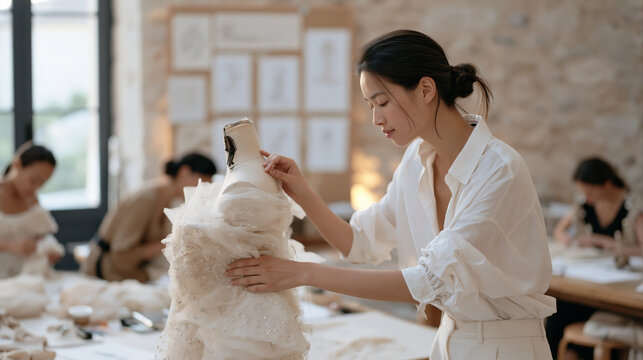 Costume designer in a rural atelier draping layered tulle over a mannequin form, a multicultural team of seamstresses stitching embellishments by hand, a mood board of sketch