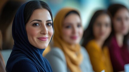 Fototapeta premium Diverse female leaders unite at empowering workshop. Professional growth. Inspiring women from various sectors share strategies. Collaborative seminar builds networks and skills for female executives.