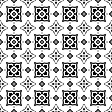 Black and white floral seamless pattern, traditional ornamental heart motif background.