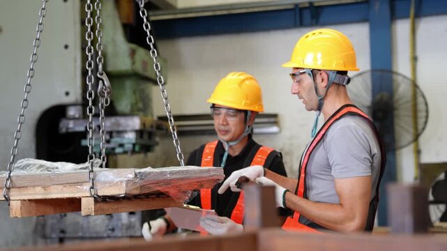 Two construction professionals working together on a project in an industrial environment wearing safety equipment