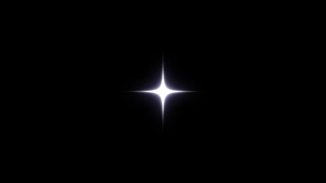 White sparkling twinkle star animation with glowing glitter shine, magical fairy light burst, retro doodle cartoon blinking star effect on transparent alpha black background, seamless festive 4K