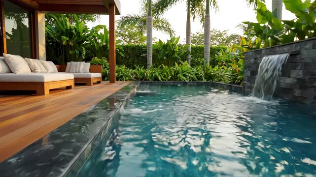 Luxury tropical villa pool with stone waterfall feature and wooden deck surrounded by lush palm gardens