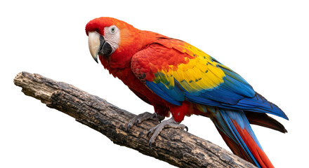 Vibrant scarlet macaw perched on a weathered tree branch against a clean white background © Sapphire