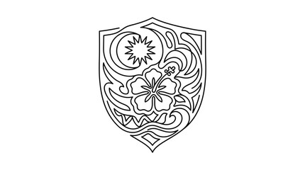 Minimalist continuous line art of a hibiscus flower with crescent and star inside a shield crest © Bahan