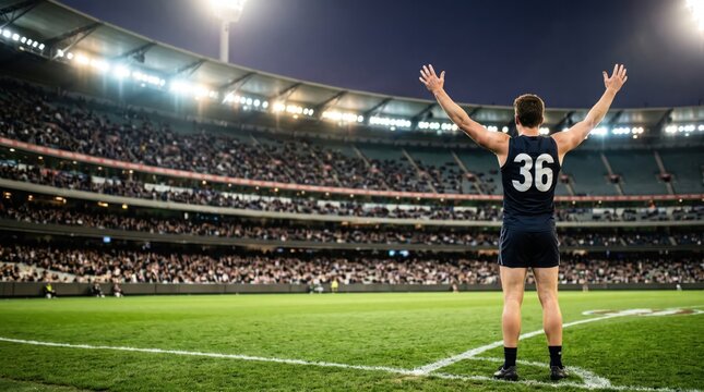 Aussie rules football player with number 36 celebrating a goal with arms raised in a packed stadium under lights at night representing victory and sports triumph